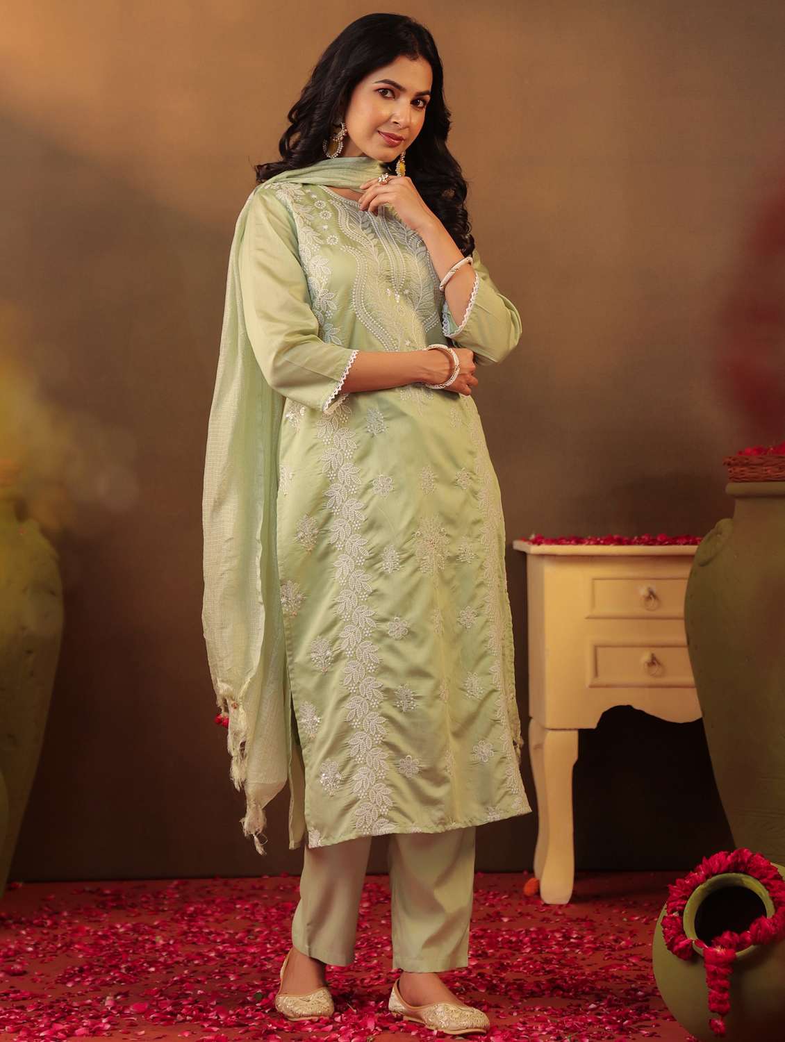 women three quarter sleeve kurta pant with dupatta set - 22062043 -  Standard Image - 1