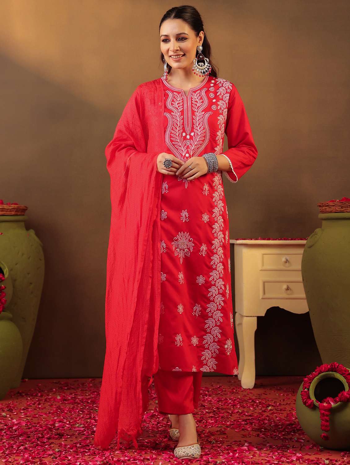 women three quarter sleeve kurta pant with dupatta set
