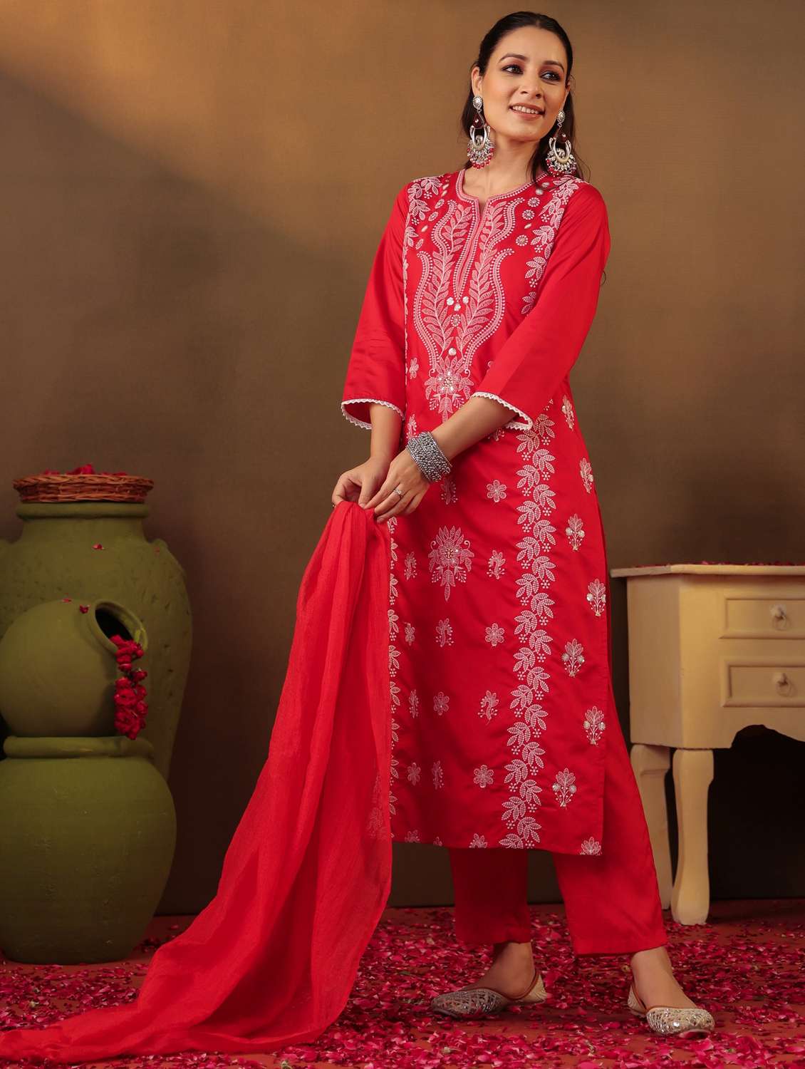 women three quarter sleeve kurta pant with dupatta set - 22062045 -  Standard Image - 1