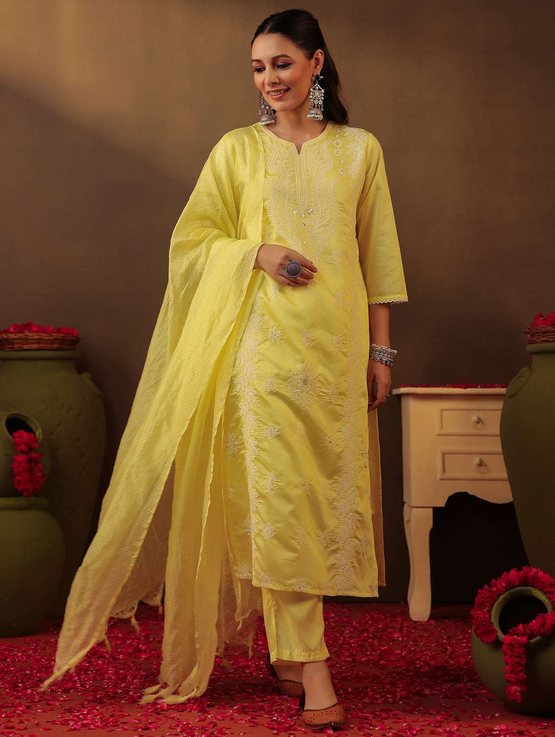 women three quarter sleeve kurta pant with dupatta set