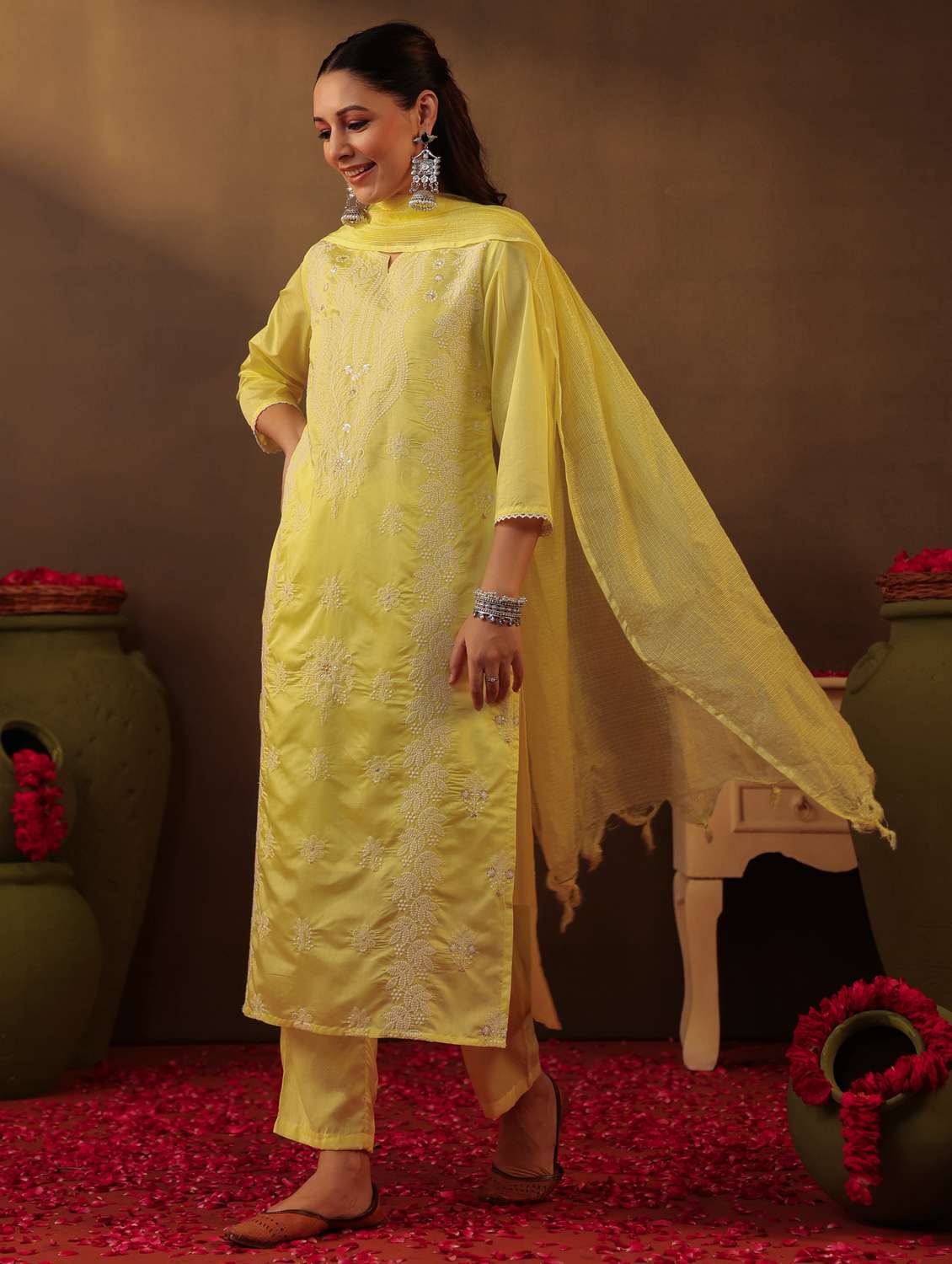 women three quarter sleeve kurta pant with dupatta set - 22062046 -  Standard Image - 1