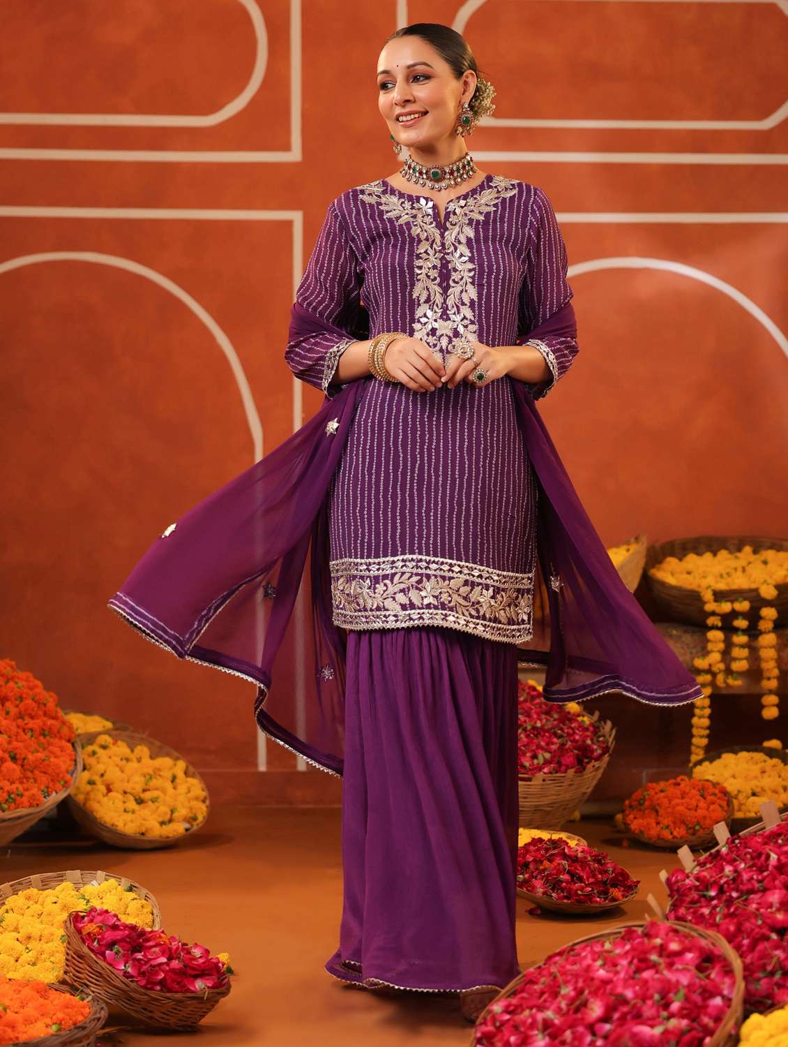 women three quarter sleeve kurta sharara with dupatta set