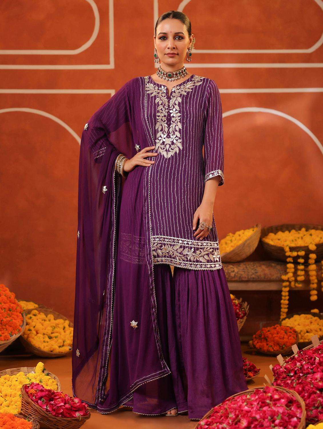 women three quarter sleeve kurta sharara with dupatta set