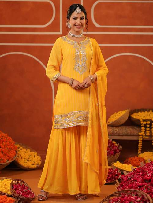 women three quarter sleeve kurta sharara with dupatta set - 22062052 -  Standard Image - 0