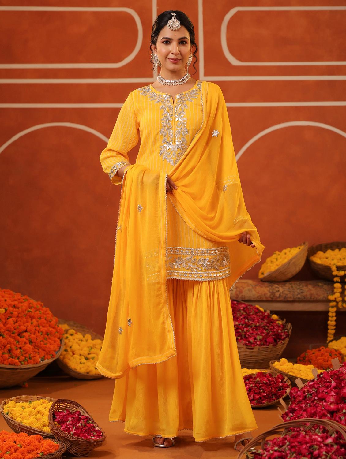 yellow silk blend kurta sharara set - 22062052 - Standard Image - 1