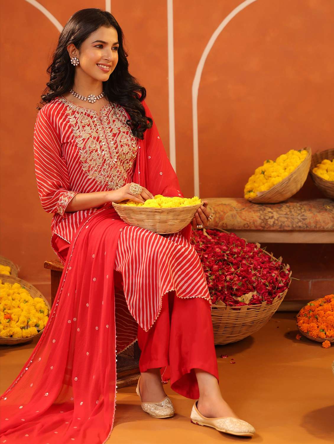 women three quarter sleeve kurta pant with dupatta set - 22062054 - Standard Image - 1
