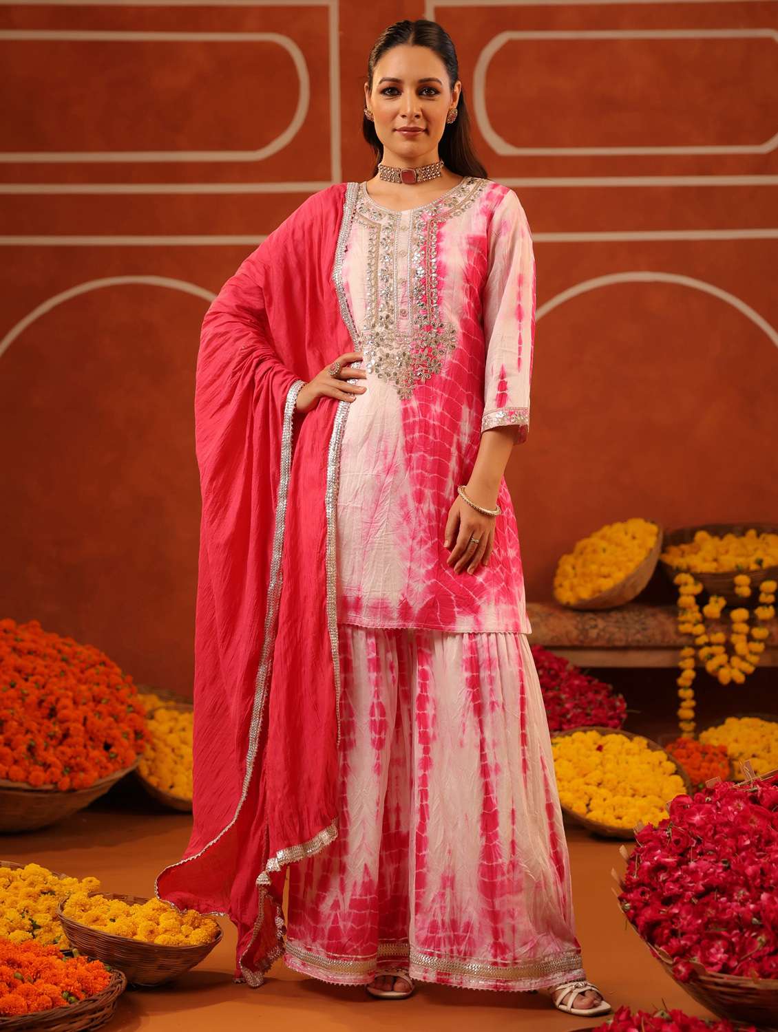 women three quarter sleeve kurta sharara with dupatta set - 22062074 - Standard Image - 1