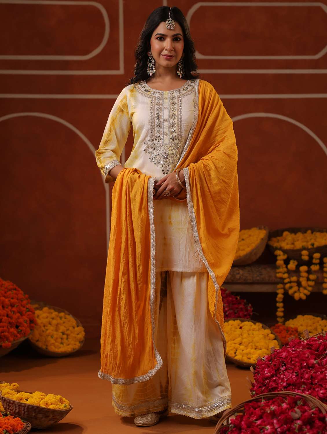 women three quarter sleeve kurta sharara with dupatta set