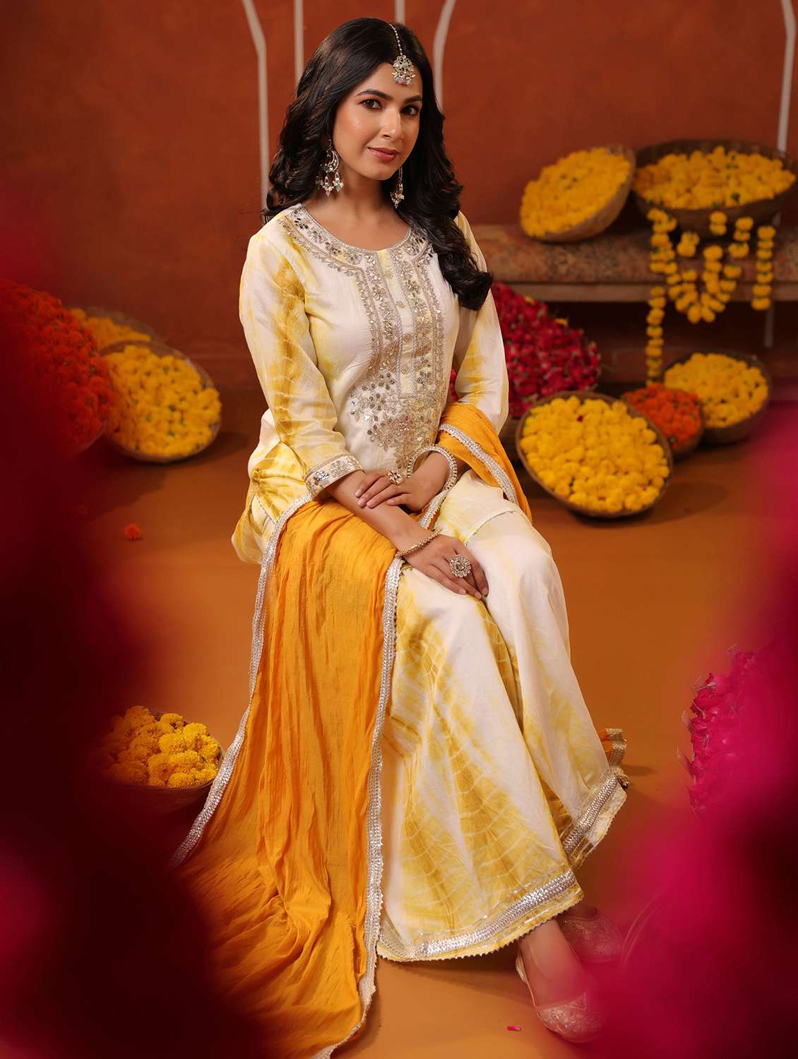 women three quarter sleeve kurta sharara with dupatta set - 22062075 - Standard Image - 1