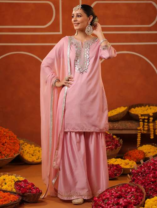 women three quarter sleeve kurta sharara with dupatta set - 22062082 -  Standard Image - 0