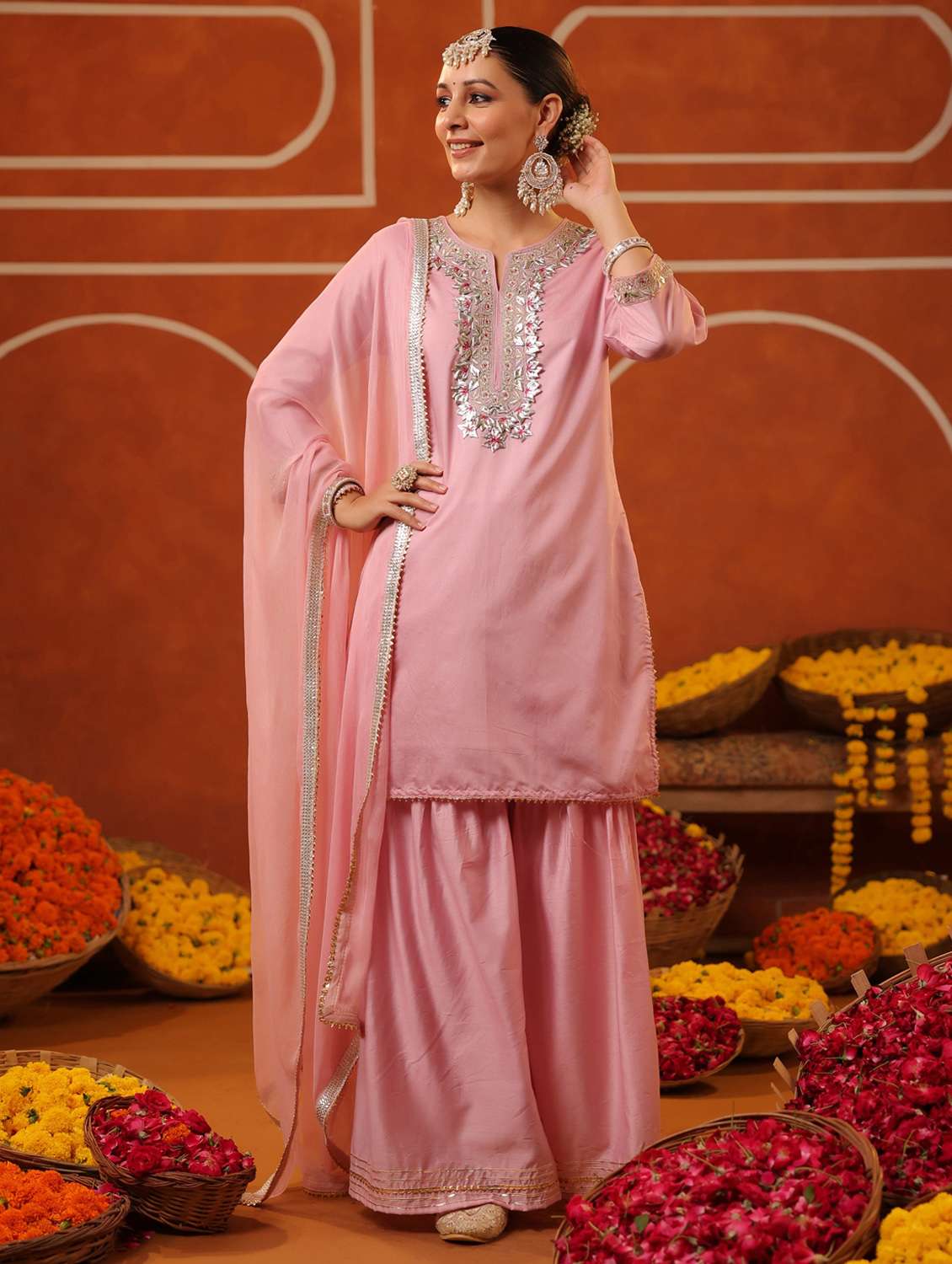 women three quarter sleeve kurta sharara with dupatta set - 22062082 -  Zoom Image - 0