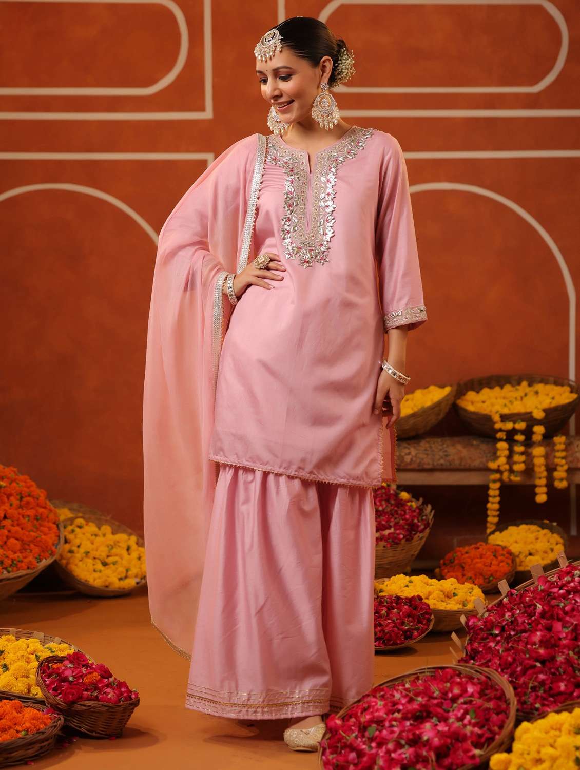 women three quarter sleeve kurta sharara with dupatta set - 22062082 -  Standard Image - 1