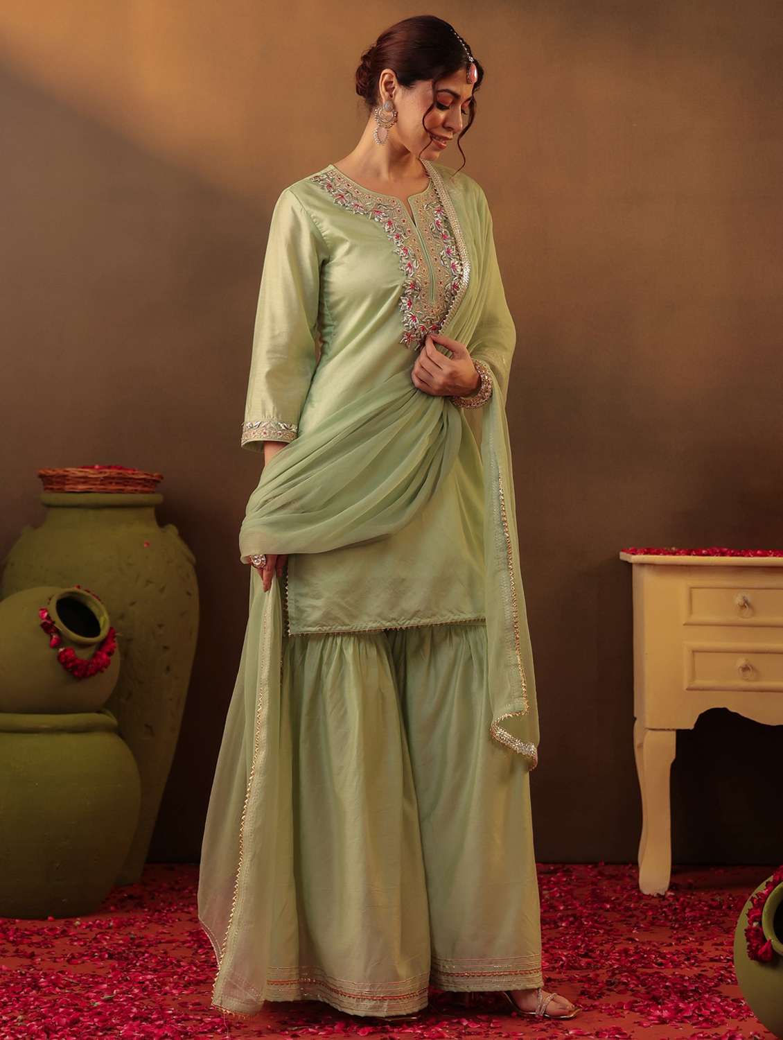 women three quarter sleeve kurta sharara with dupatta set - 22062083 -  Standard Image - 1