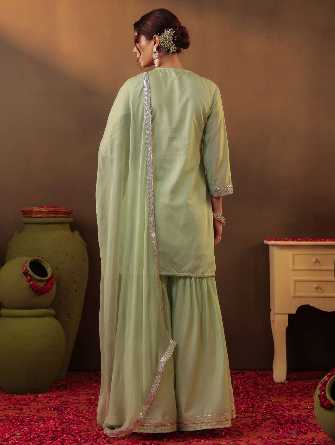 women three quarter sleeve kurta sharara with dupatta set - 22062083 - Standard Image - 4
