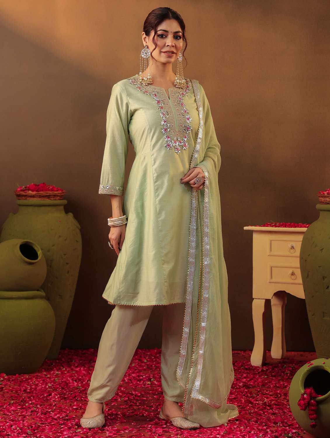 women three quarter sleeve kurta salwar with dupatta set - 22062085 -  Standard Image - 1