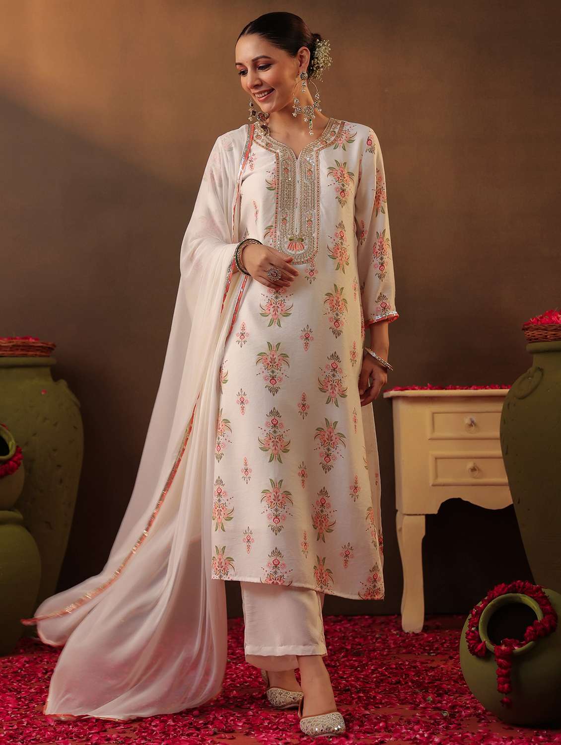 women three quarter sleeve kurta palazzo with dupatta set