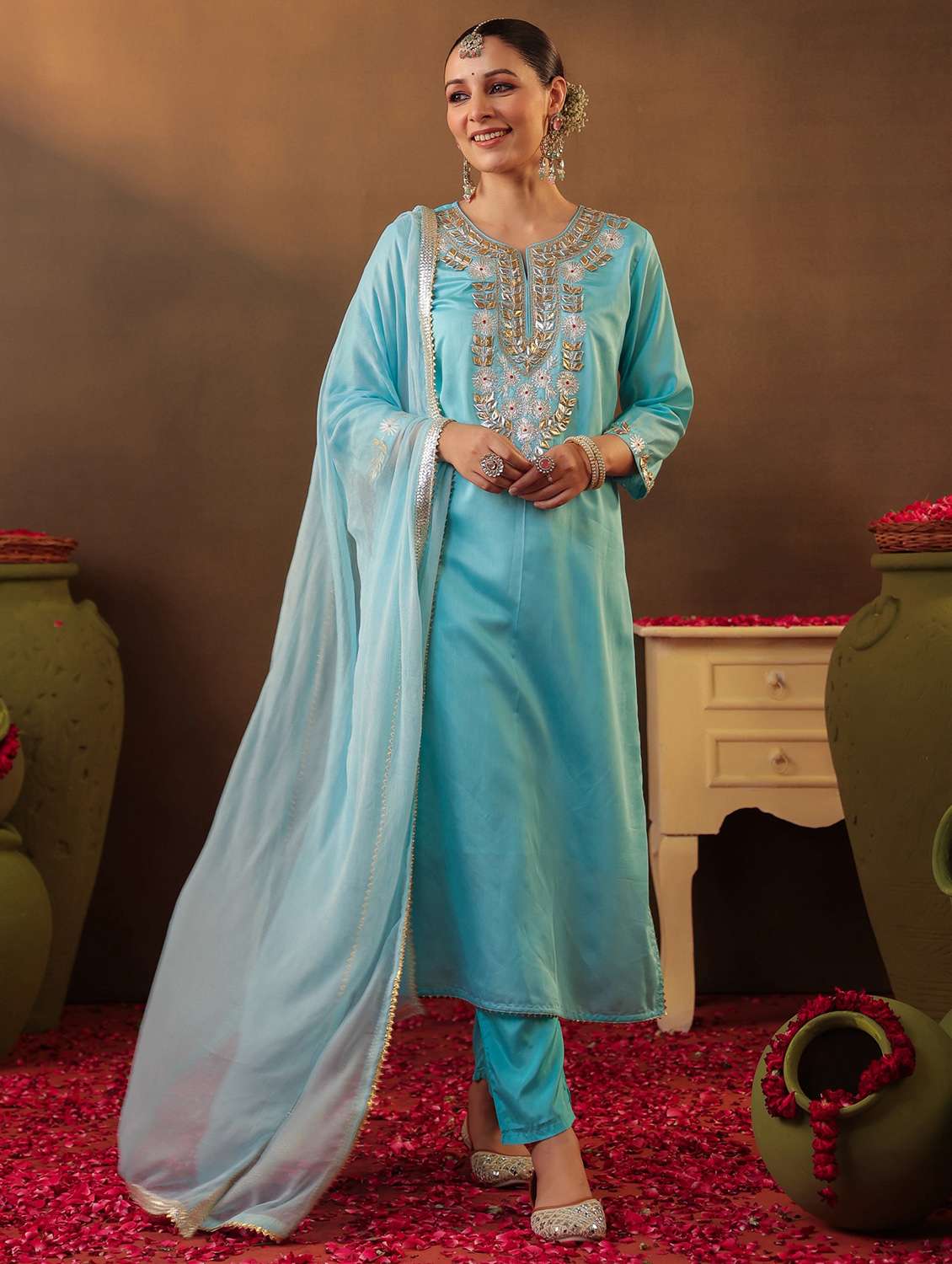 light blue silk kurta pant  set