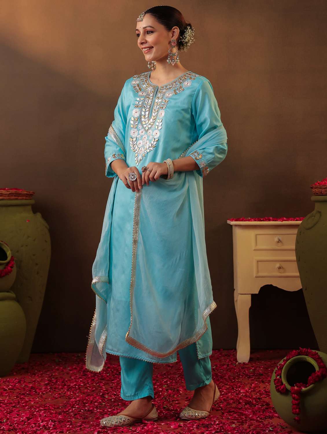 light blue silk kurta pant set - 22062093 - Standard Image - 1
