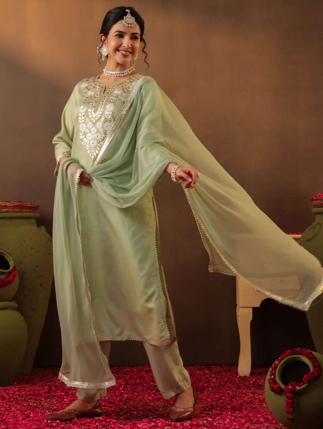 women three quarter sleeve kurta pant with dupatta set - 22062094 -  Standard Image - 1
