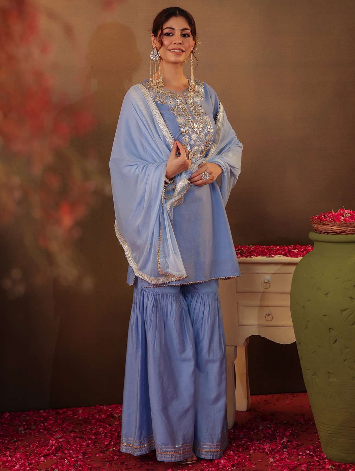 women three quarter sleeve kurta sharara with dupatta set - 22062095 - Standard Image - 1