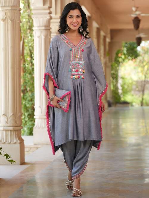 women solid with work kimono sleeve kaftan set - 22062097 - Standard Image - 0