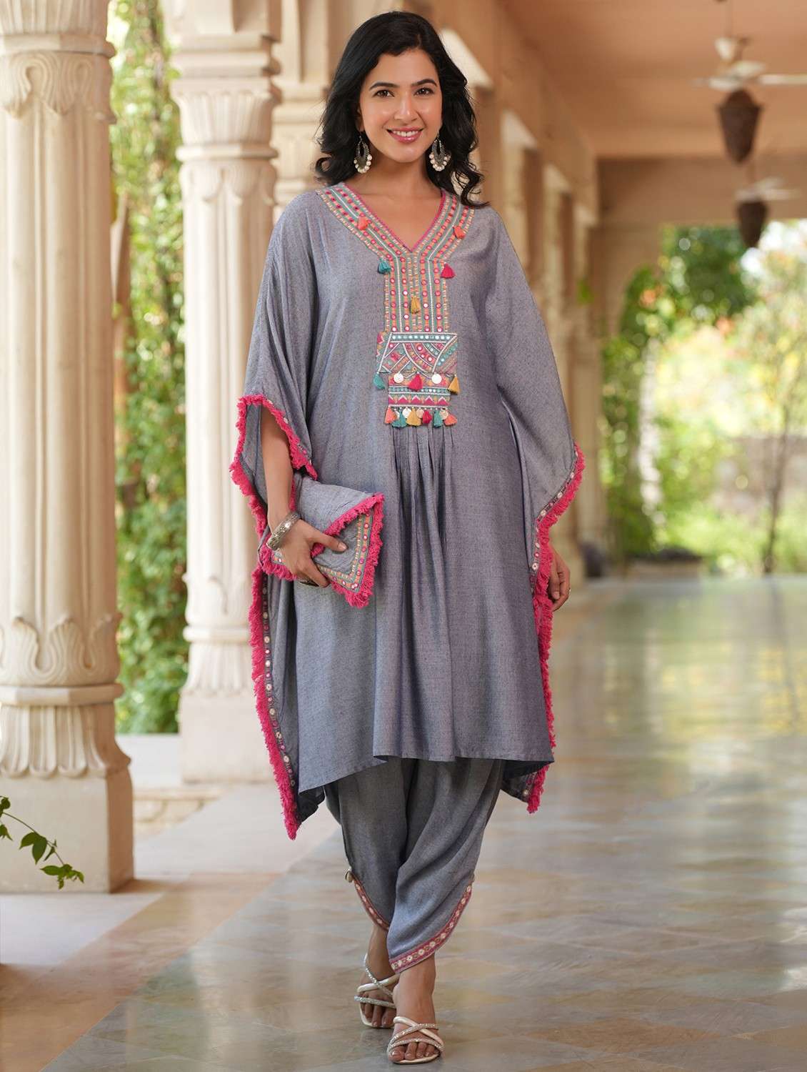 women solid with work kimono sleeve kaftan set - 22062097 - Zoom Image - 0