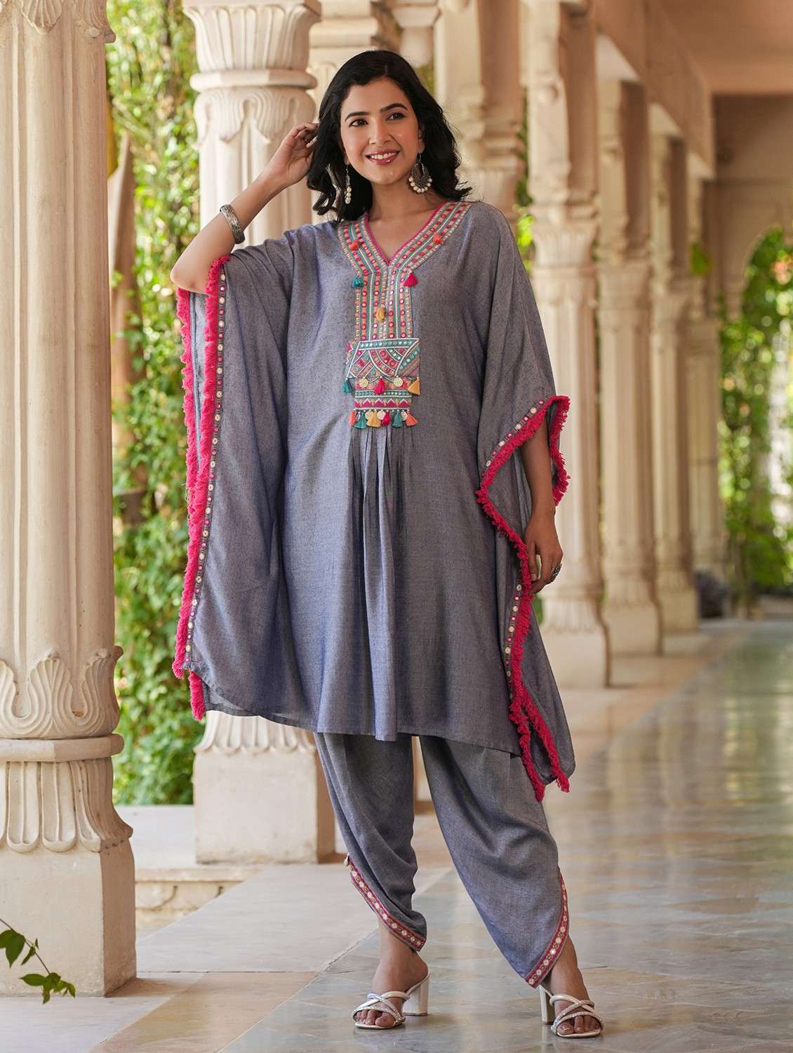 women solid with work kimono sleeve kaftan set - 22062097 -  Standard Image - 1