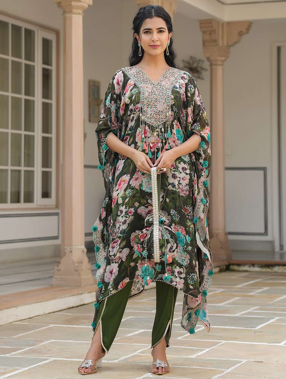 women floral printed kimono sleeve kaftan set