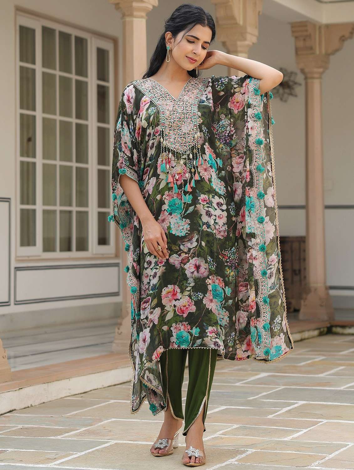 women floral printed kimono sleeve kaftan set - 22062101 - Standard Image - 1