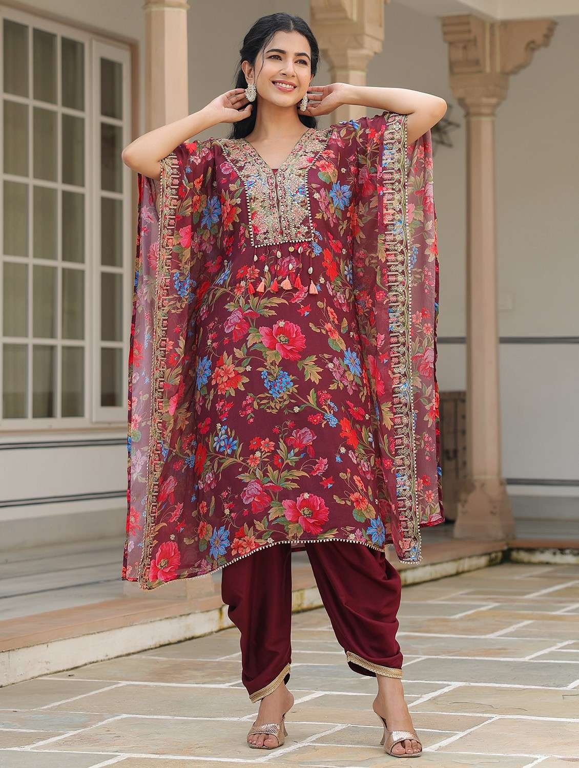 women floral printed kimono sleeve kaftan set - 22062102 - Standard Image - 1