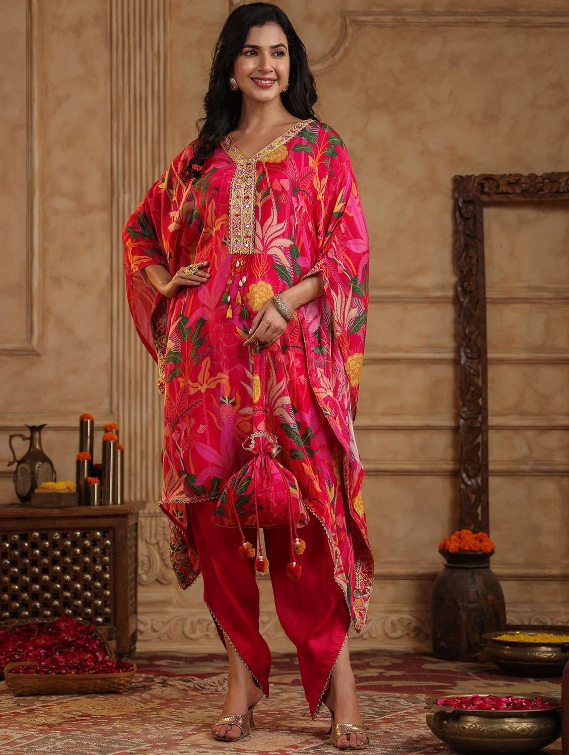 women floral printed kimono sleeve kaftan set