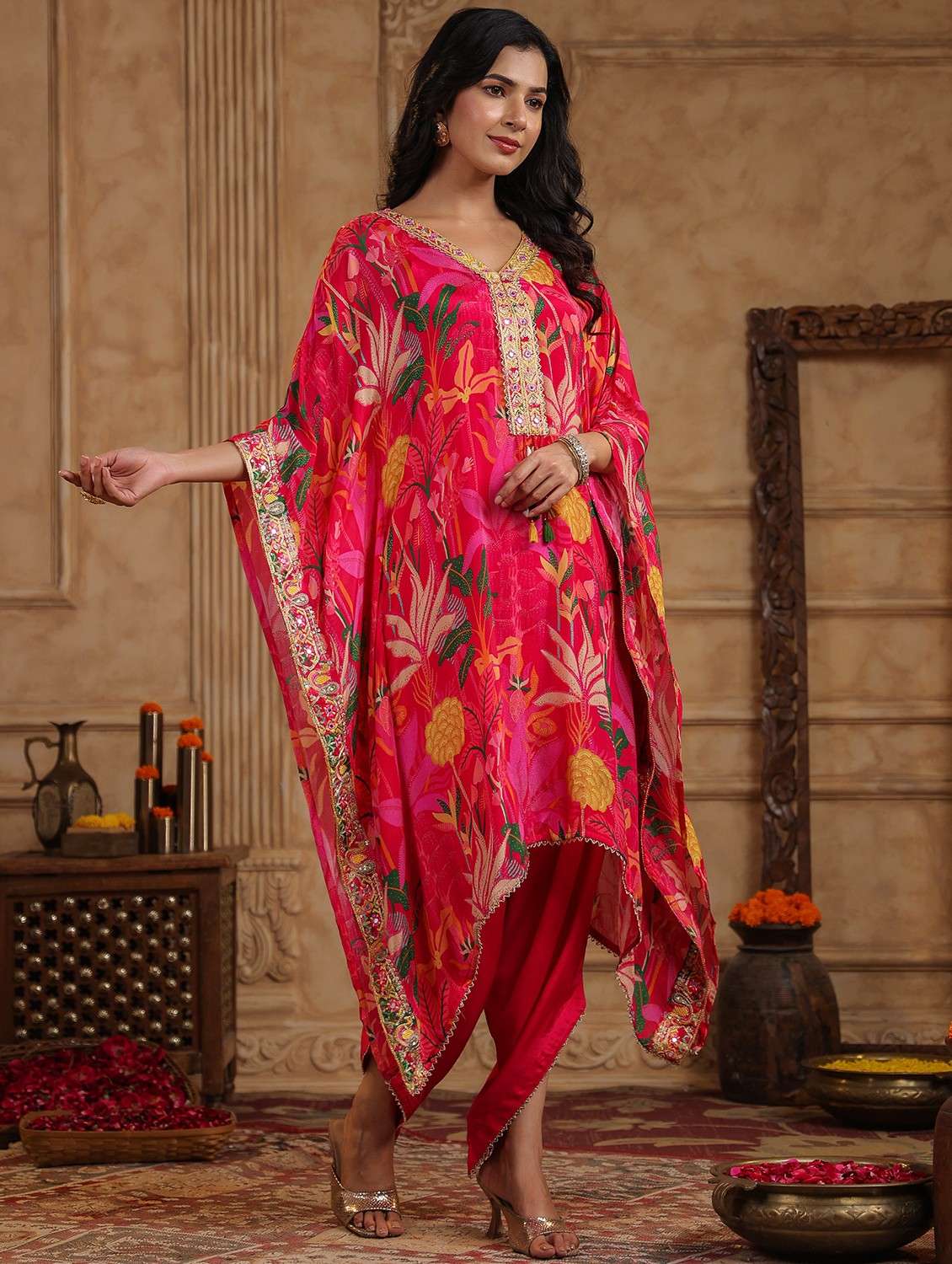 women floral printed kimono sleeve kaftan set - 22062103 -  Standard Image - 1