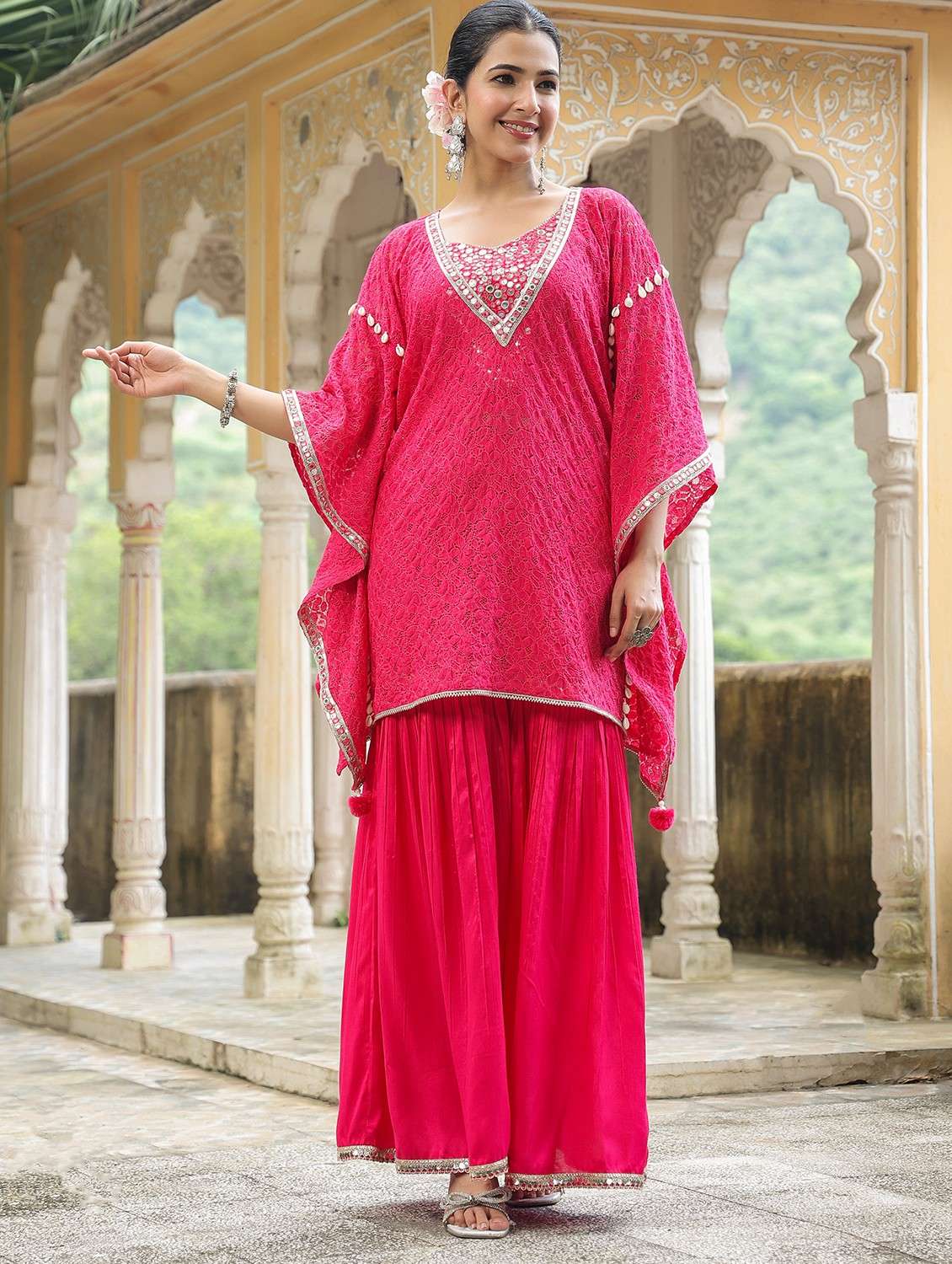 women self design kimono sleeve kaftan set