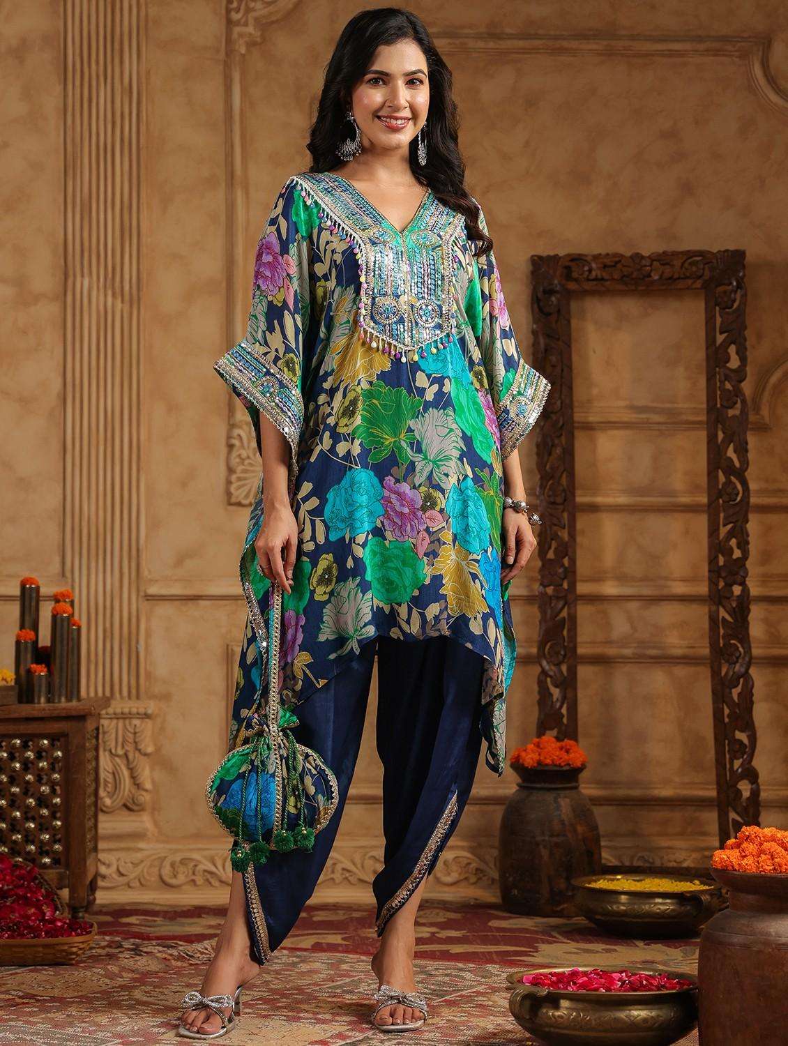 women floral printed kimono sleeve kaftan set