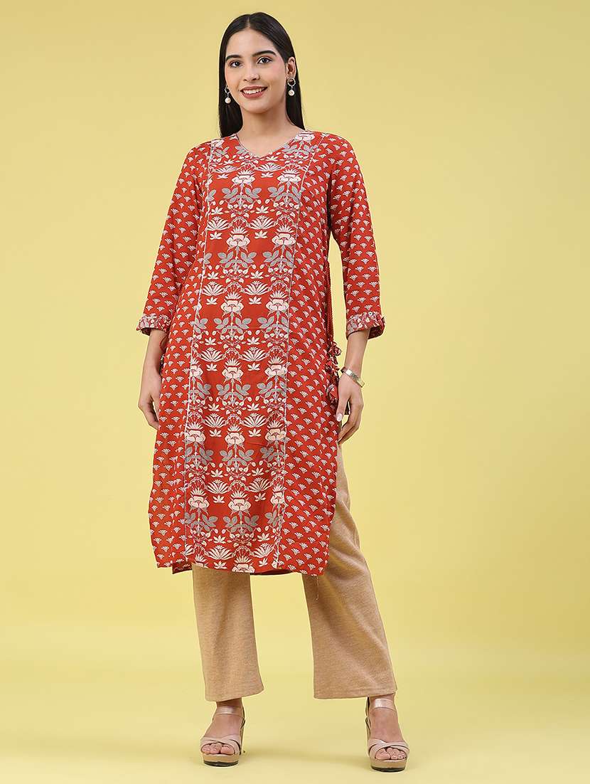 women printed v neck kurta - 22062448 -  Standard Image - 1
