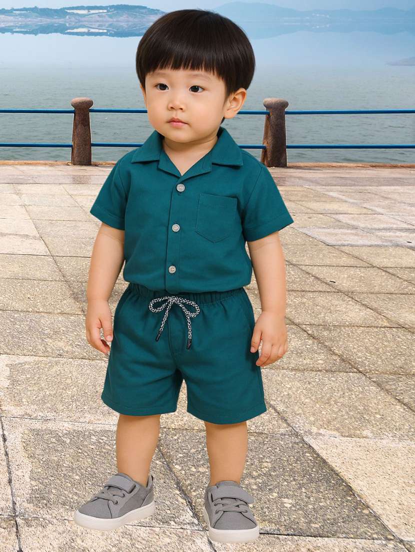 boys solid shirt & shorts co-ords set