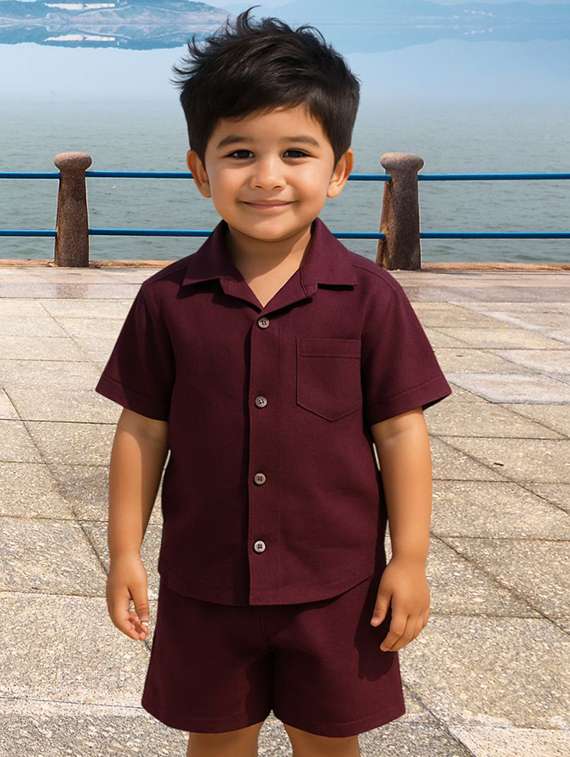 boys solid shirt & shorts co-ords set - 22062536 -  Standard Image - 1