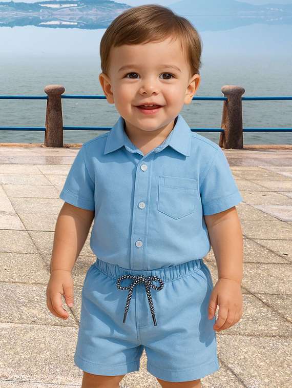 boys solid shirt & shorts co-ords set - 22062537 -  Standard Image - 1
