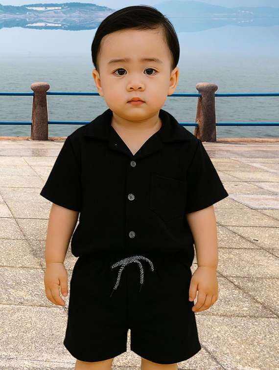 boys solid shirt & shorts co-ords set - 22062538 -  Standard Image - 1