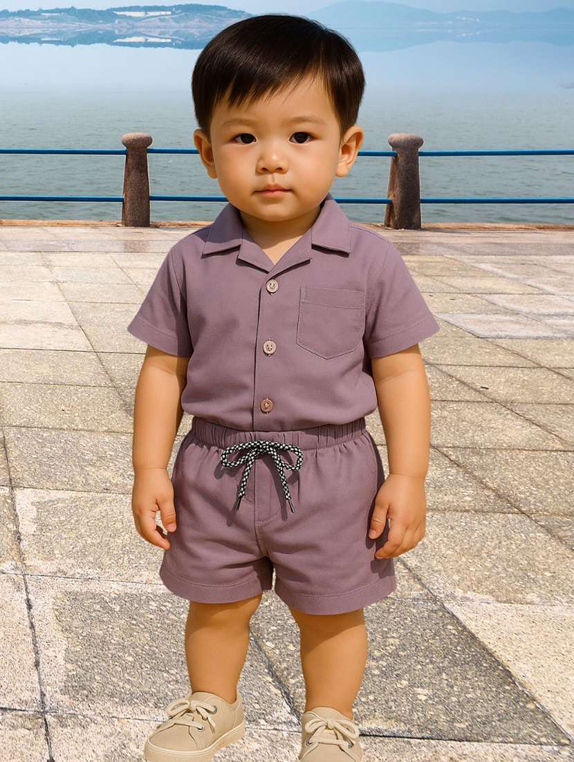 boys solid shirt & shorts co-ords set