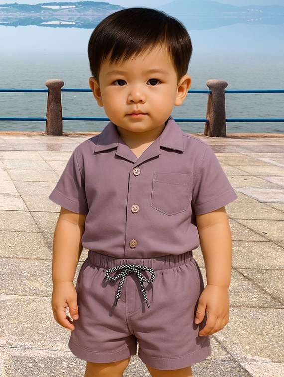 boys solid shirt & shorts co-ords set - 22062540 -  Standard Image - 1