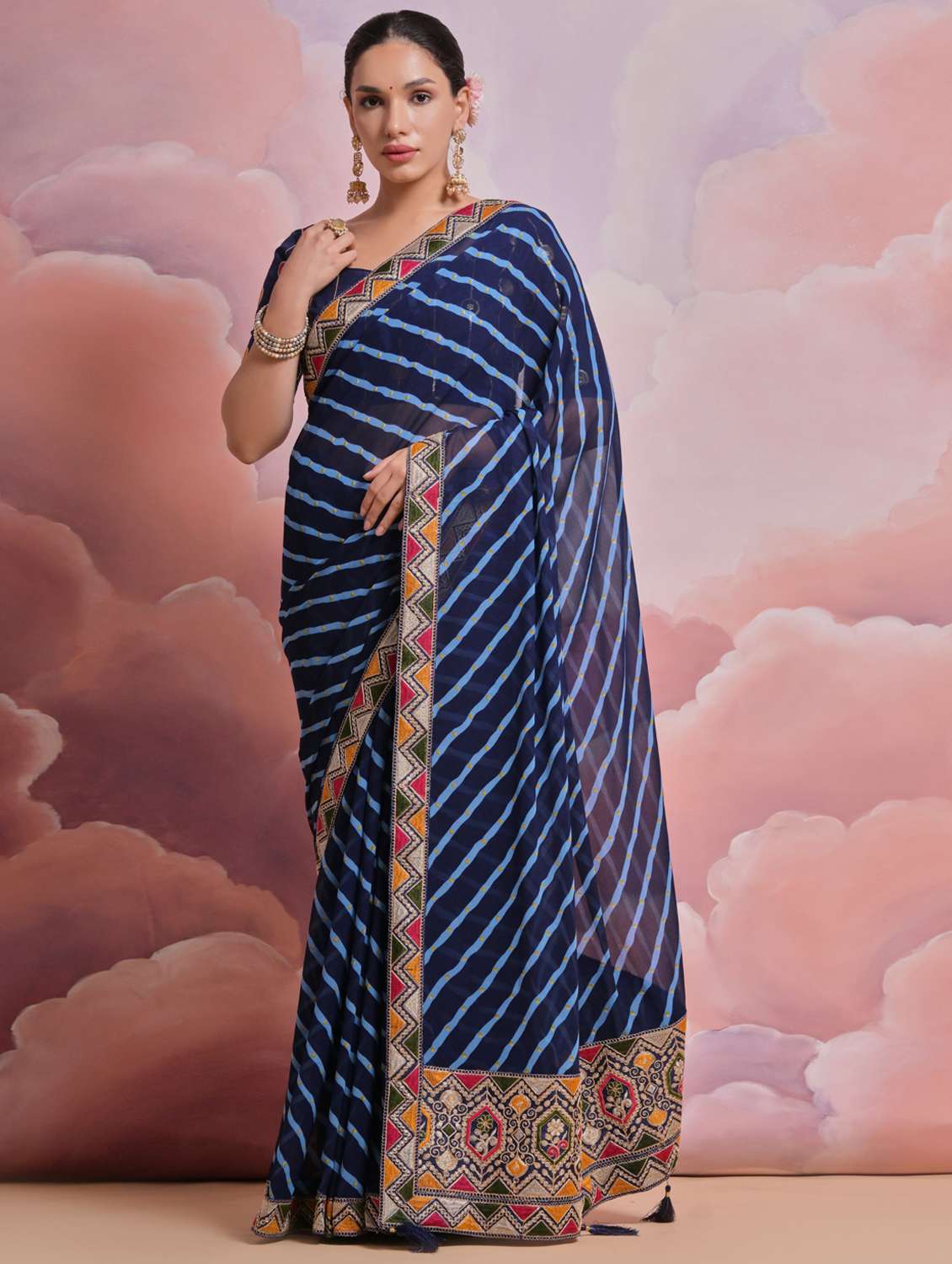 women striped bordered saree with blouse