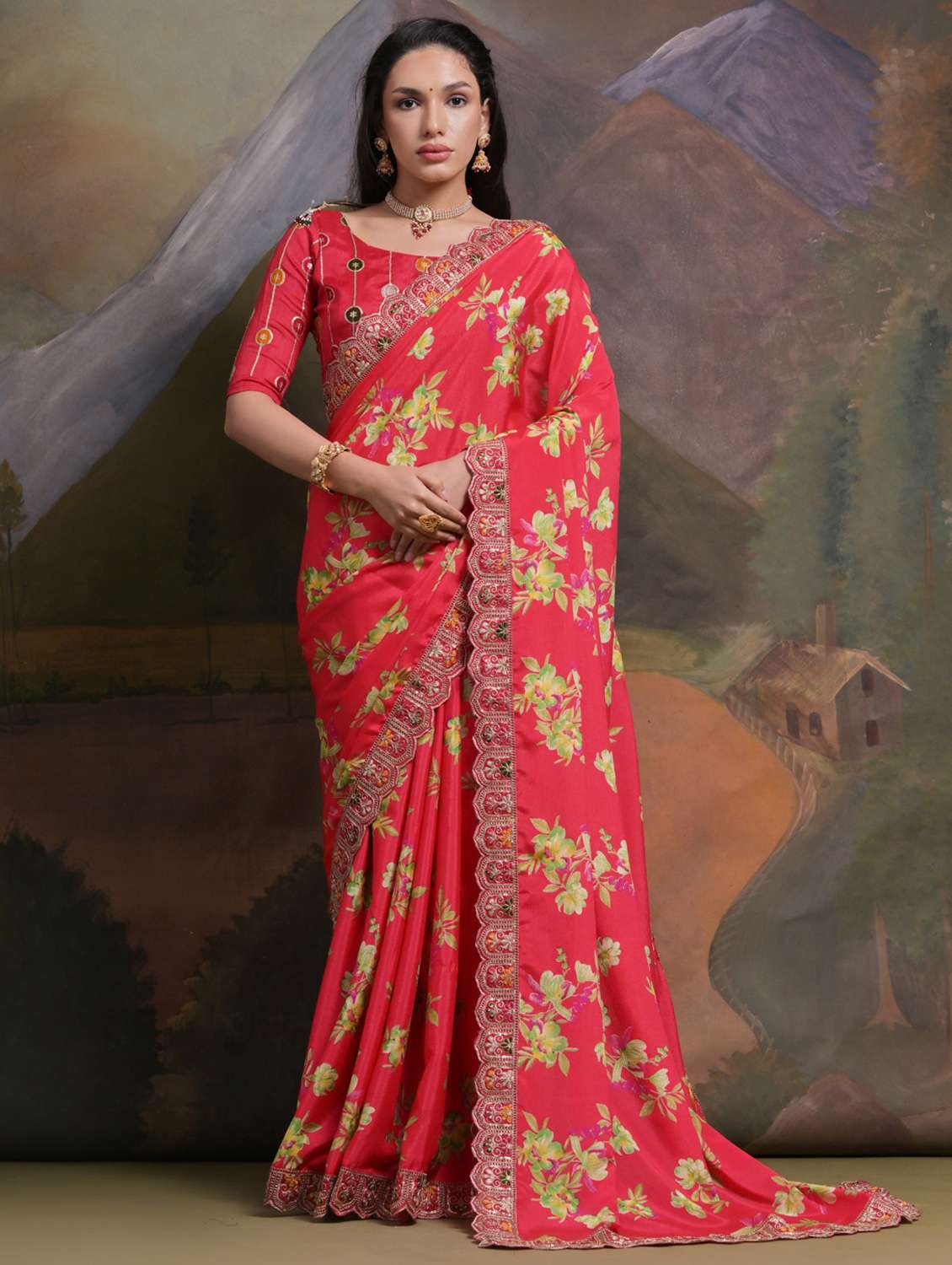 women floral printed bordered saree with blouse