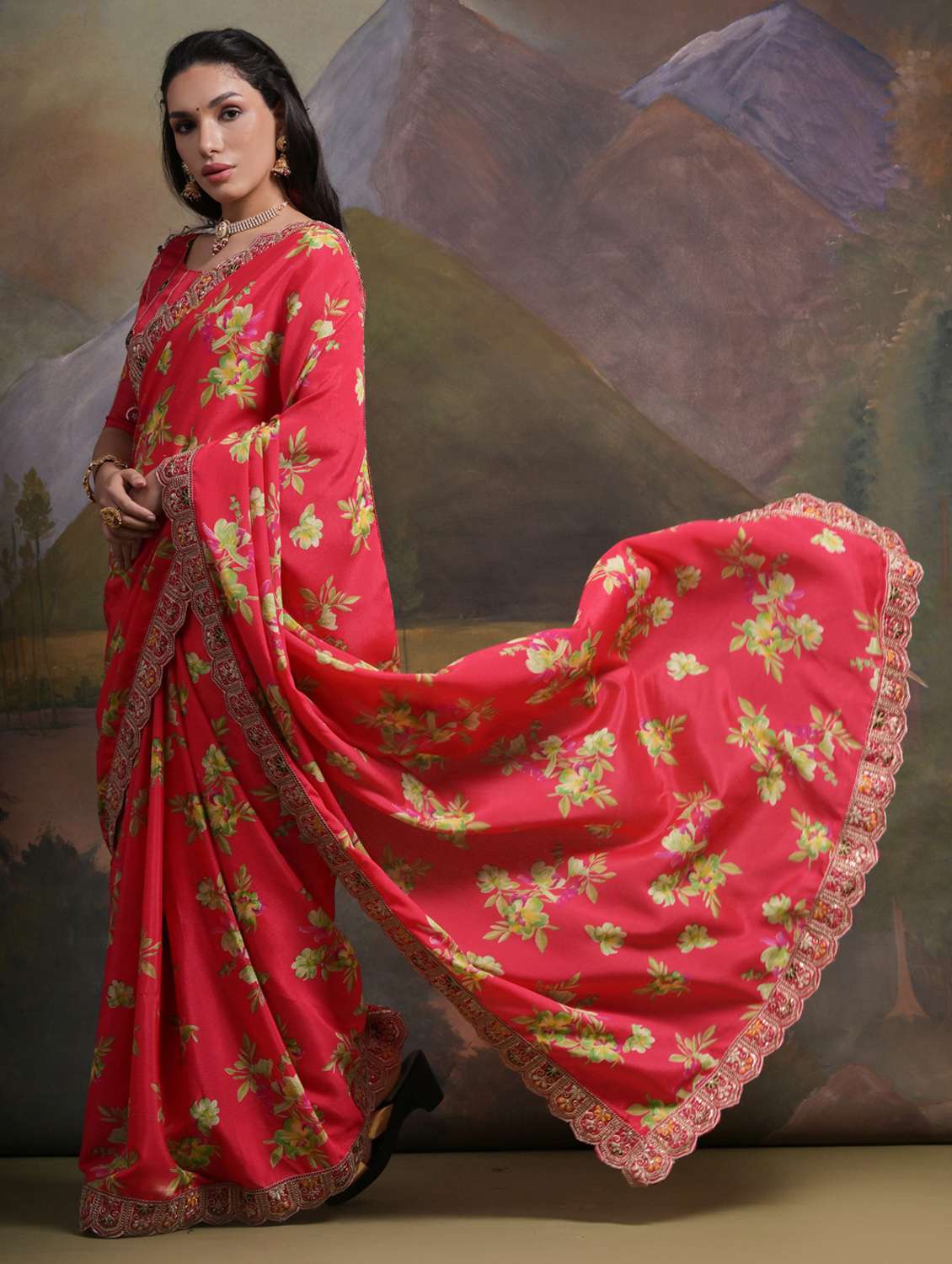 women floral printed bordered saree with blouse - 22062952 -  Standard Image - 1