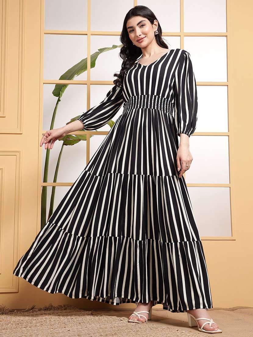 women striped puff sleeve tiered maxi dress