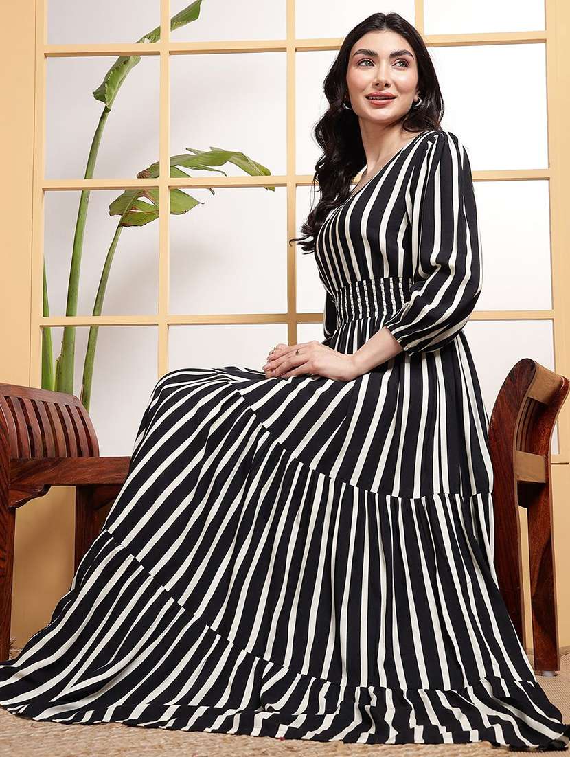 women striped puff sleeve tiered maxi dress - 22062986 - Standard Image - 1