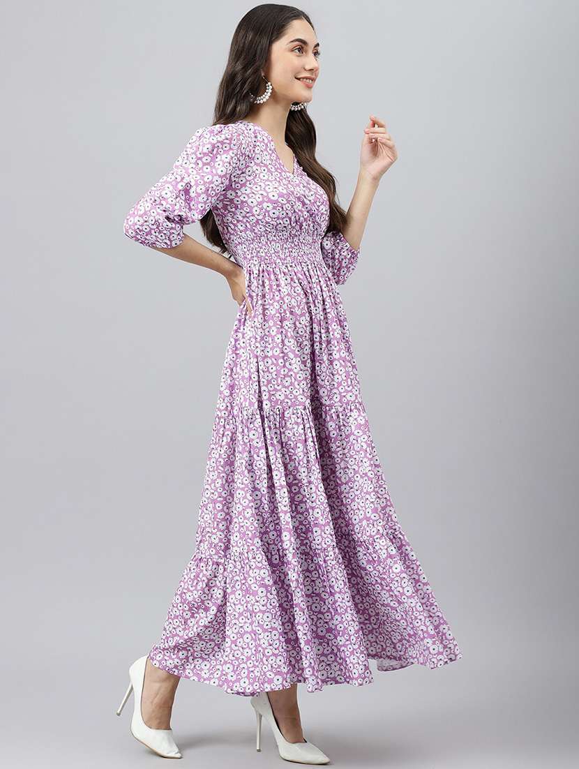 women printed puff sleeve tiered maxi dress - 22063017 - Standard Image - 1