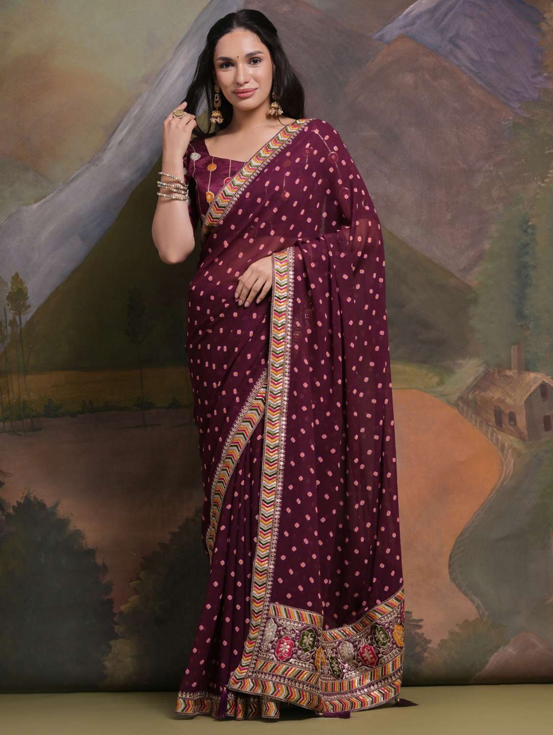 women printed bordered saree with blouse