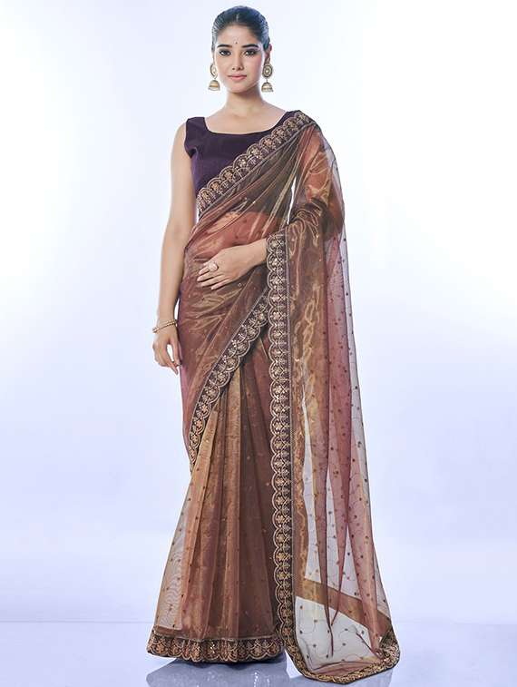 women solid with work bordered saree with blouse - 22063035 -  Zoom Image - 0