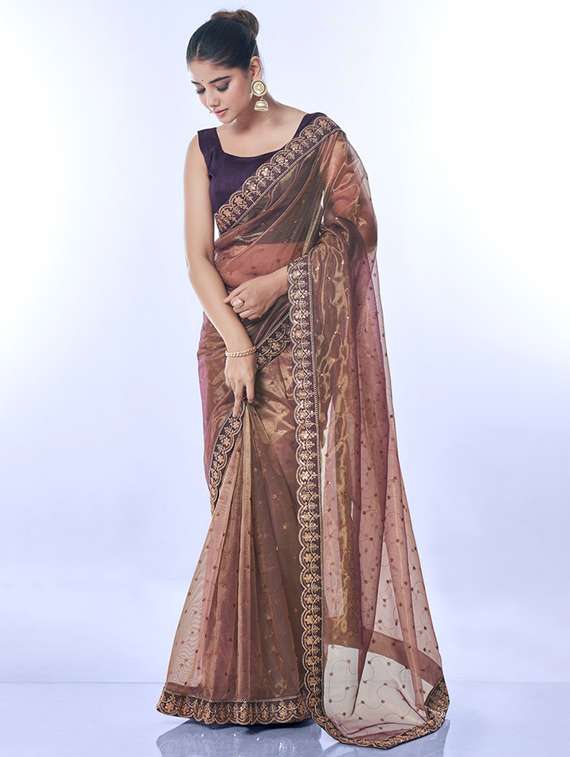 women solid with work bordered saree with blouse - 22063035 -  Standard Image - 1